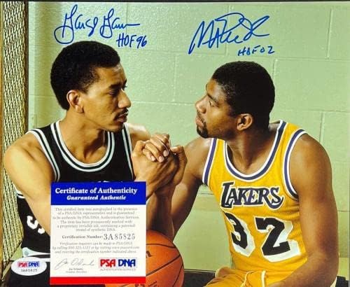 Magic Johnson & George Gervin NBA Spurs / Lakers İmzalı 8x10 Fotoğraf PSA 3A85825 - İmzalı NBA Fotoğrafları