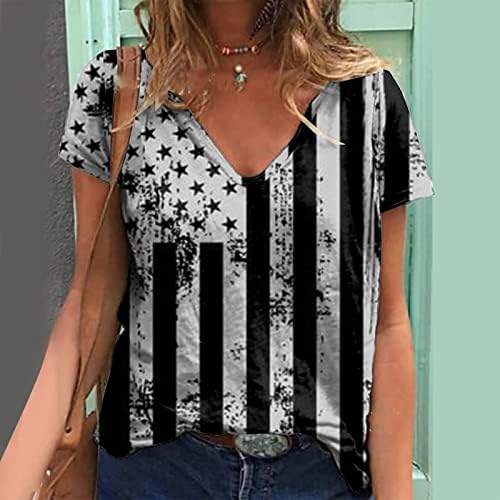 4th Temmuz Gömlek Kadınlar için Rahat Yaz Amerikan Bayrağı kısa kollu t-shirt V Yaka Yıldız Çizgili Vatansever Bluz