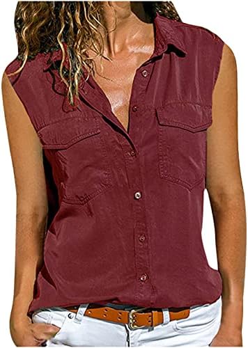 lcepcy Kolsuz Düğme Aşağı Gömlek Kadınlar için Rahat Çalışma Bluzlar Katı Gevşek V Boyun Tankı Üstleri Cepler ile