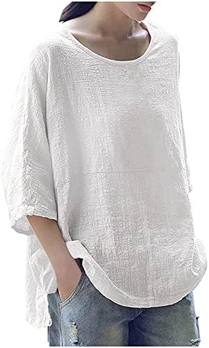 Büyük boy T Shirt Kadınlar için Yuvarlak Boyun 3/4 Kollu Bluz Hafif Katı Gevşek Fit Tops 2023 Yaz Mayo