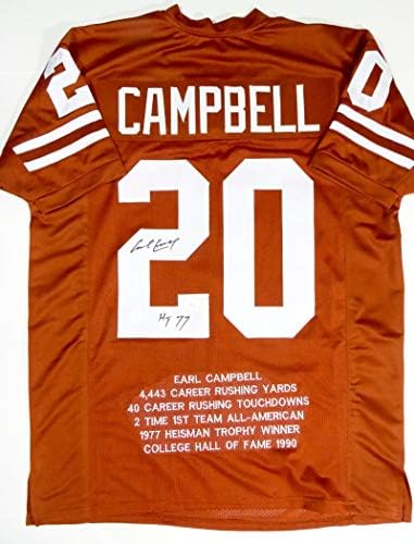 Earl Campbell İmzalı Turuncu Kolej Tarzı Forma STAT 4 w/HT - JSA W Siyah 2