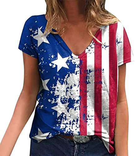 4th Temmuz Gömlek Kadınlar için Rahat Yaz Amerikan Bayrağı kısa kollu t-shirt V Yaka Yıldız Çizgili Vatansever Bluz