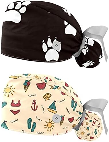 2 Paket Cerrahi Kap Ter Bandı, Nefes Kabarık Şapkalar Uzun Saç, Ayarlanabilir Hemşire Fırçalama Kapaklar Kedi Köpek