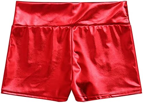 JanJean Kadınlar Yüksek Bel Parlak Metalik Ganimet Şort Wetlook Sıcak Pantolon Yoga Şort Spor Rave Dans Alt Kırmızı