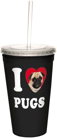 Ben Kalp Pugs Köpek Yeniden Kullanılabilir Saman, 16 Ons, Tan ve Siyah ile Çift Duvarlı Serin Seyahat Kupası-Köpek