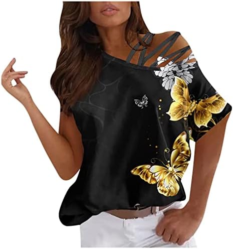 FMCHICO Kadınlar için Rahat Yaz Tek Kapalı Omuz Strappy T Shirt Kısa Kollu Tops