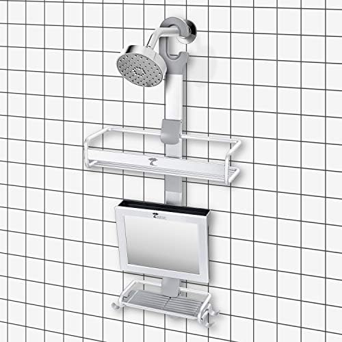 ToiletTree Ürünleri Paslanmaz Alüminyum Duş ve Banyo Caddy, Sissiz Duşlu Banyo Aynası ve Silecekli (Alüminyum Caddy'li