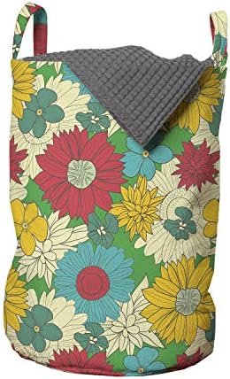 Ambesonne Renkli Çamaşır Torbası, Canlı Renklerle Gelişen Çeşitli Farklı Çiçekler Vintage Efektli Sanat Baskısı,