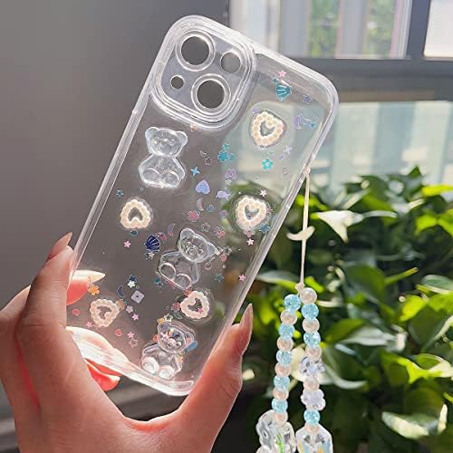 Fycyko iPhone 13 Kılıf ile Uyumlu telefon süsü / Zincir Kayış, Sevimli 3D Ayı Glitter Bling Temizle Tasarım iPhone